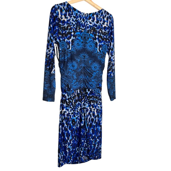 David Meister Dress Blue & Black Leopard Medallion Side Ruching Size 8 NEW - Picture 3 of 12